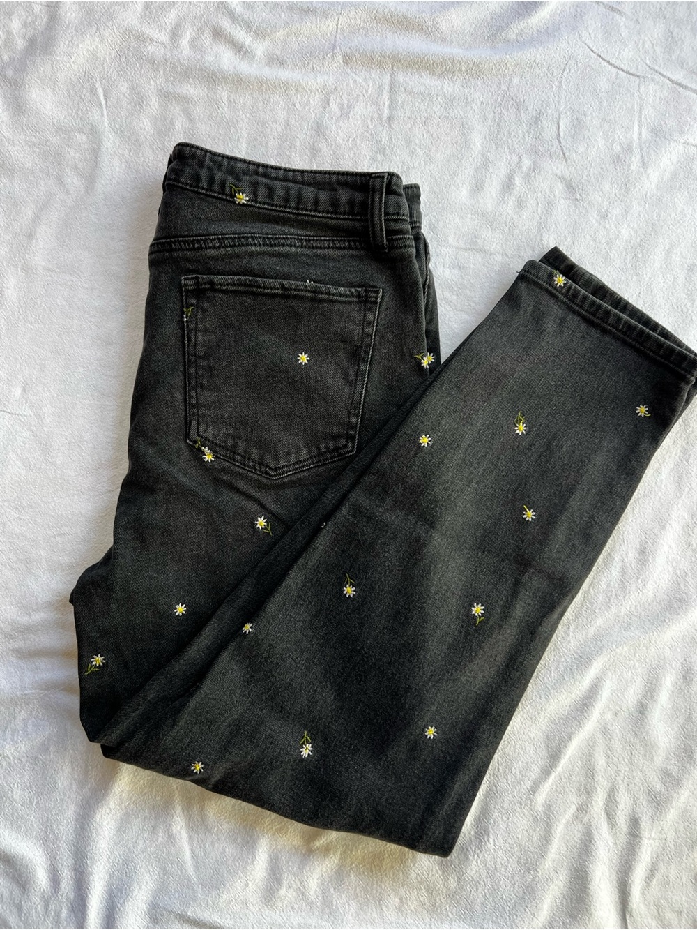 Tinsel Black Ankle Jeans with Yellow Daisy Embroidery